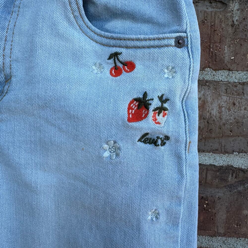 Levi's Youth 14 Wide Leg Cropped Embroidered Floral Jeans Light Wash Boho - Picture 3 of 8